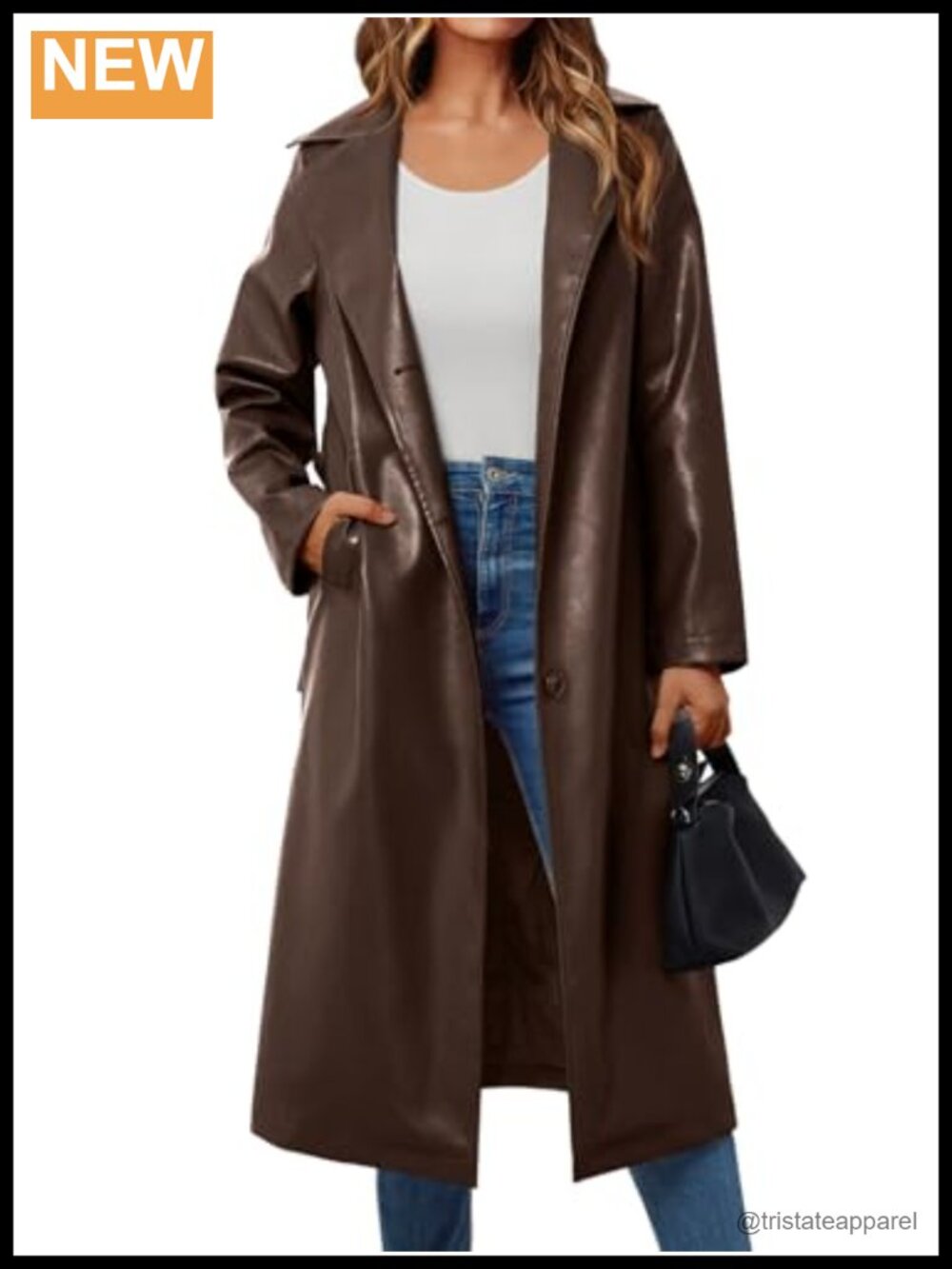 Women's PU Leather Long Trench Coat with Belt, Faux Leather Jacket